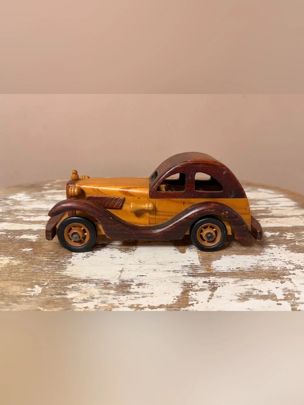 Vintage Hand Crafted Wooden Toy Car - Brown & Black